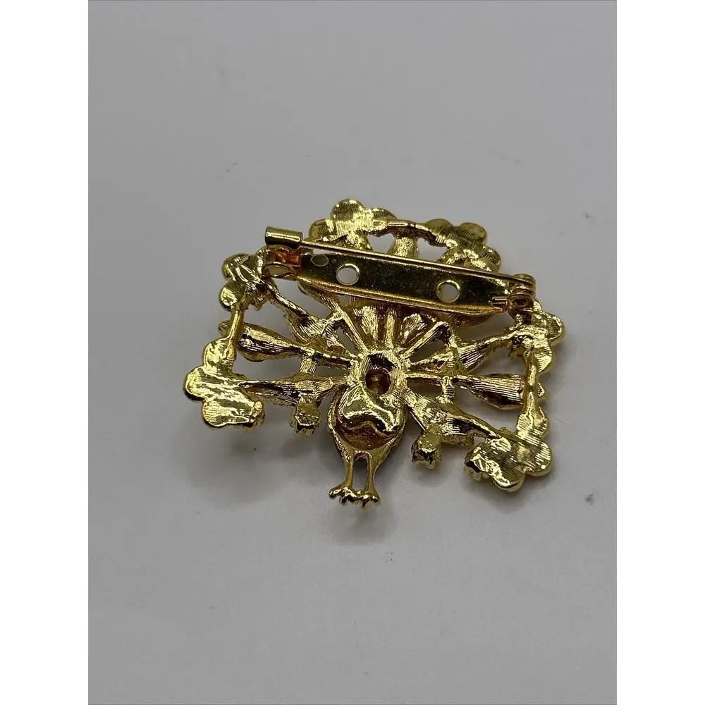 Rhinestone Peacock Lapel Pin Figural Brooch Gold Tone Luxury Pinback Button‎